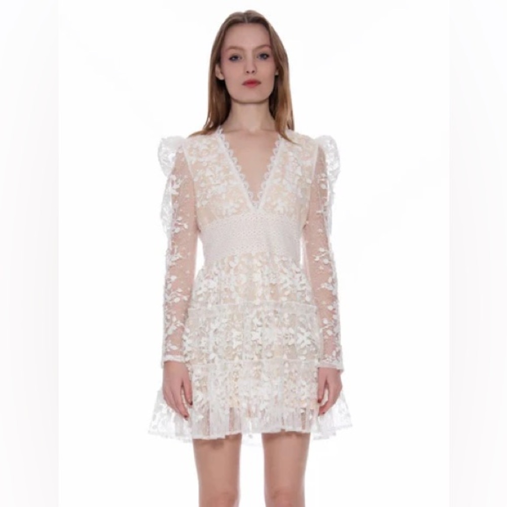 Gracia Cream V-Neck elegant dress with Bishop Sleeves. Graduation or bride.